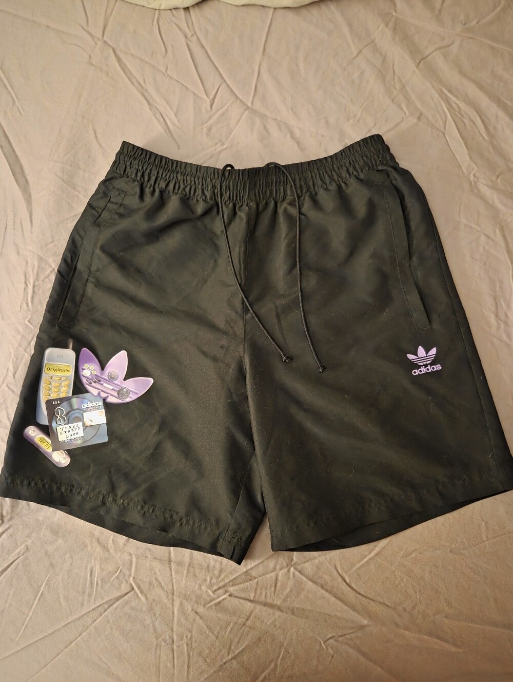 adidas Originals Black Shorts with Lilac Trefoil Y2K small